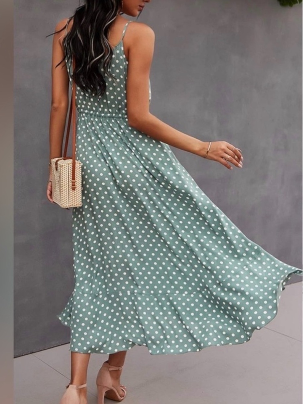 Brovave Polka Dot Strap Dress size XL Sage green and white sleeveless spaghetti - Picture 3 of 5